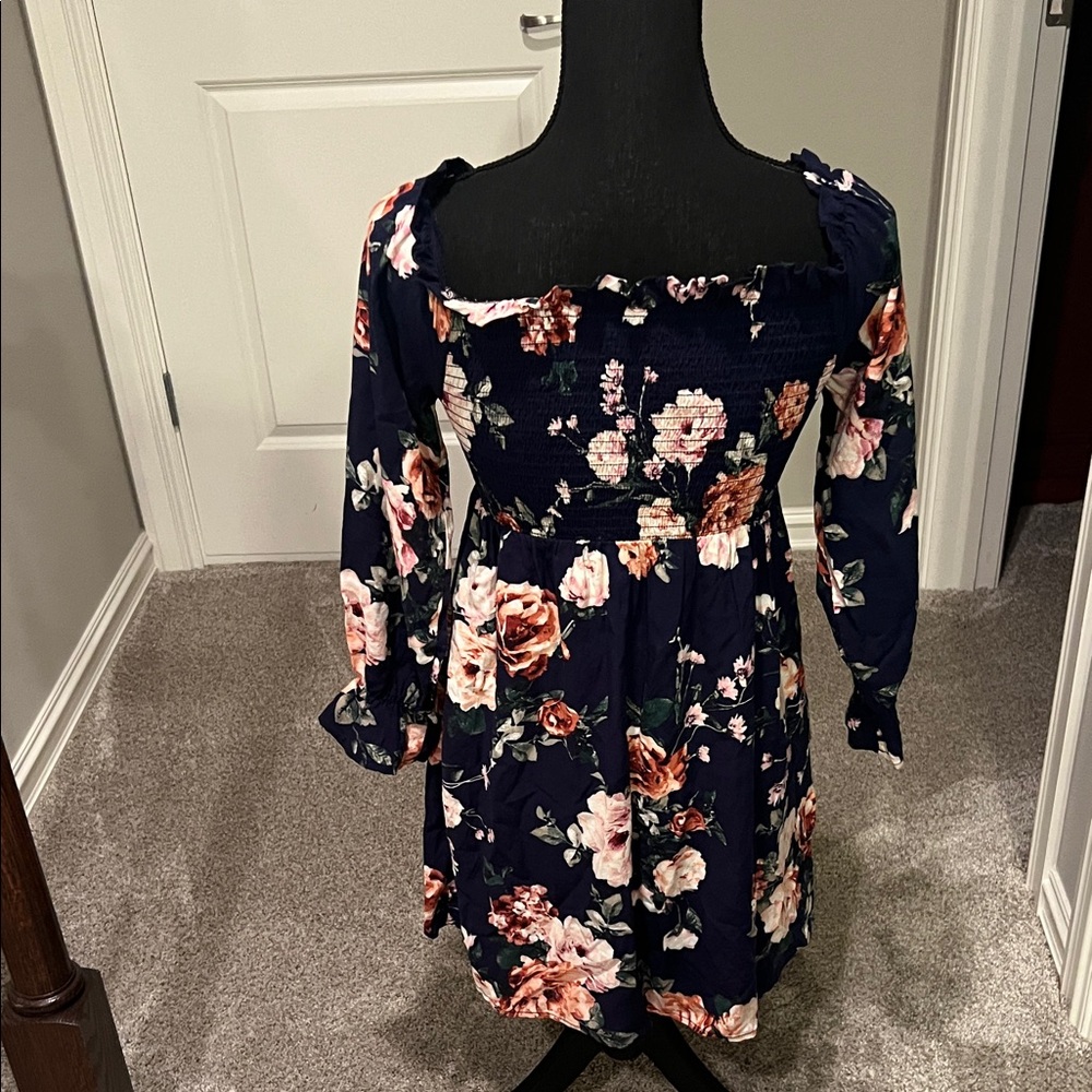Xhilaration Navy Blue Floral Long Sleeve Dress - Picture 9 of 13
